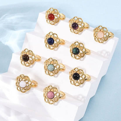304 регулируемые открытые манжеты из нержавеющей стали, Кольца из натуральных камней для женщин, ионное покрытие (ip), цветок