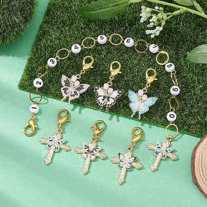 7Pcs Cross & Butterfly Alloy Enamel Knitting Row Counter Chains & Locking Stitch Markers Kits