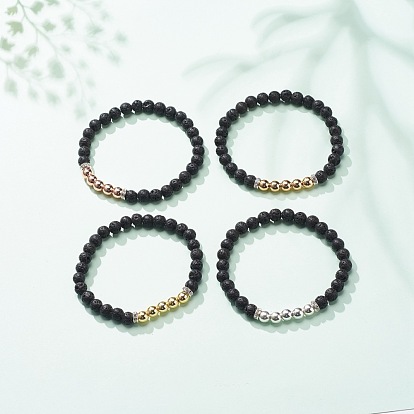 Natural Lava Rock & Synthetic Hematite Round Beaded Stretch Bracelet, Essential Oil Gemstone Jewelry for Men Women