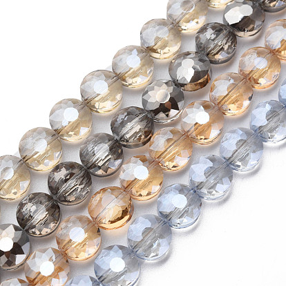 Electroplate Transparent Glass Beads Strands, Faceted, Flat Round