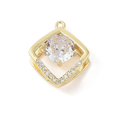 Brass Micro Pave Clear Cubic Zirconia Pendants, Cadmium Free & Nickel Free & Lead Free, with Glass, Rhombus Charms