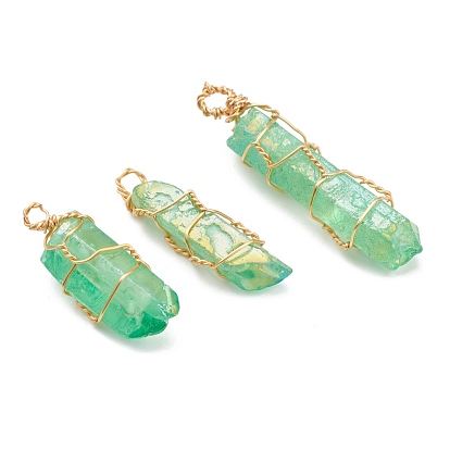 Galvaniques pendeloques de cristal de quartz naturel, avec des conclusions de fil de cuivre doré enveloppé, teint, nuggets