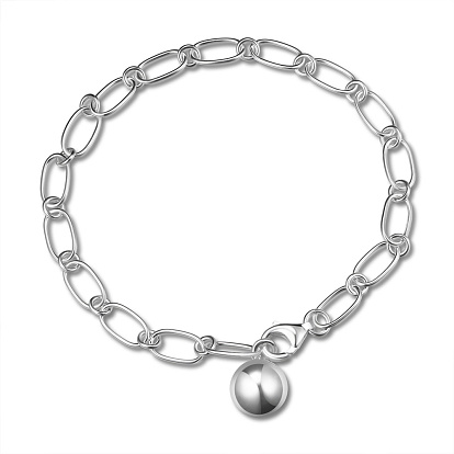 SHEGRACE 925 Sterling Silver Charm Bracelets, with Oval & Ring Links, Lobster Claw Clasps and Round Beads