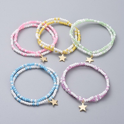 Glass Seed Beaded Kids Stretch Bracelets, Stackable Bracelets, with Star Brass Charms