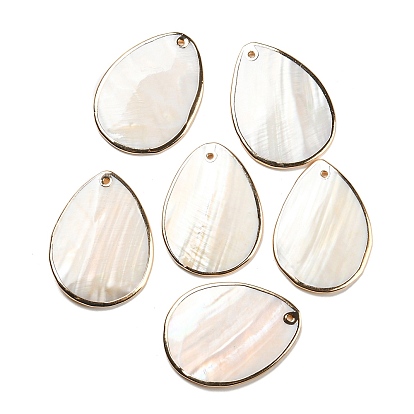 Natural Freshwater Shell Pendants, Teardrop Charms with Brass Edge