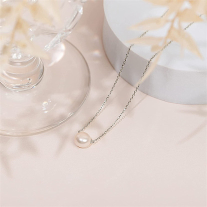 Natural Freshwater Pearl Pendant Necklace for Women, 14K Gold Plated Copper Chain with Simple and Elegant Design, Perfect for Collarbone.