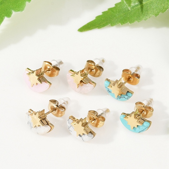 304 из нержавеющей стали серьги, с синтетическим драгоценным камнем, ионное покрытие (ip), звезда с полукругом, золотые