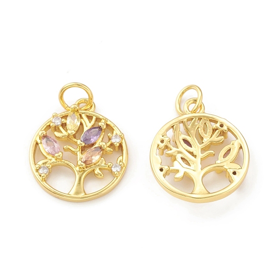 Eco-Friendly Brass Micro Pave Cubic Zirconia Pendants, with Jump Ring, Lead Free & Cadmium Free, Long-Lasting Plated, Flat Round with Tree of Life Charm