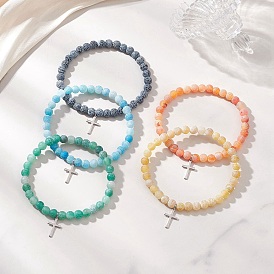 Пересечь 201 браслеты из нержавеющей стали очарование, Эластичные браслеты из натуральных и окрашенных бусин кракелюра для женщин.