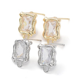 Brass Stud Earring Finding, with Clear Glass and Horizontal Loops, Rectangle