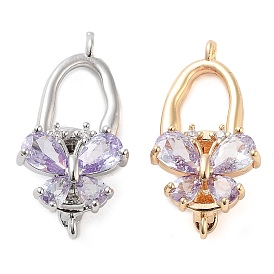 Brass Micro Pave Clear Cubic Zirconia Fold Over Clasps, Butterfly, Violet