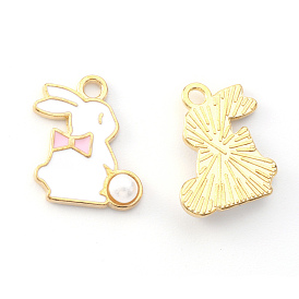 Light Gold Plated Alloy Enamel Pendants, Rabbit with Pearl