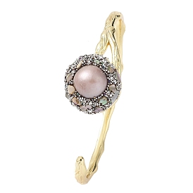 Natural Pearl & Paua Shell Open Cuff Bangles, Brass Rhinestone Jewelry for Women