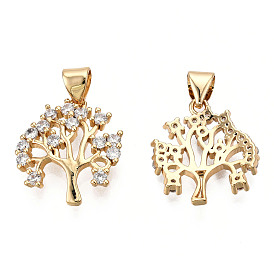 Brass Micro Pave Cubic Zirconia Pendants, Tree of Life, Clear
