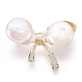 Natural Baroque Pearl Bowknot Brooches for Women, Brass Pave Cubic Zirconia Pins