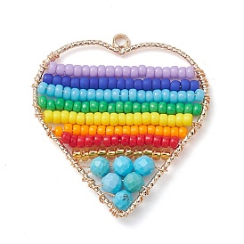 Dyed Natural Magnesite & Glass Seed Beaded Pendants, Heart Charm