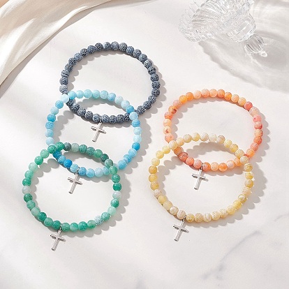 Пересечь 201 браслеты из нержавеющей стали очарование, Эластичные браслеты из натуральных и окрашенных бусин кракелюра для женщин.