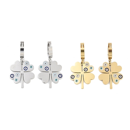 Boucles d'oreilles pendantes en acier inoxydable avec trèfle gauche et droit, Boucles d'oreilles créoles en émail mauvais œil pour femmes