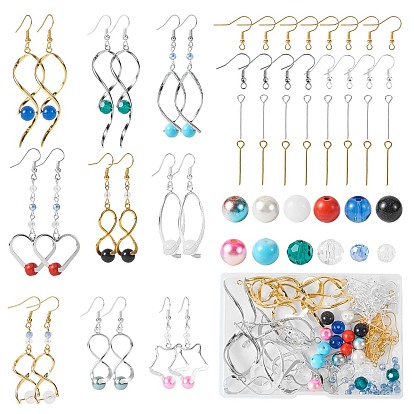 DIY Beaded Dangle Earring Making Kit, Including Brass Pinch Bails, Iron Earring Hooks, Round Glass & ABS Plastic Pearl & Gemstone Beads