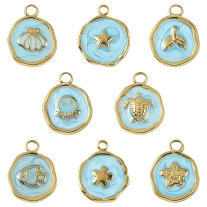 8 шт. 8 стили: морские животные 304 подвески из нержавеющей стали, с эмалью, плоские круглые прелести, ионное покрытие (ip)