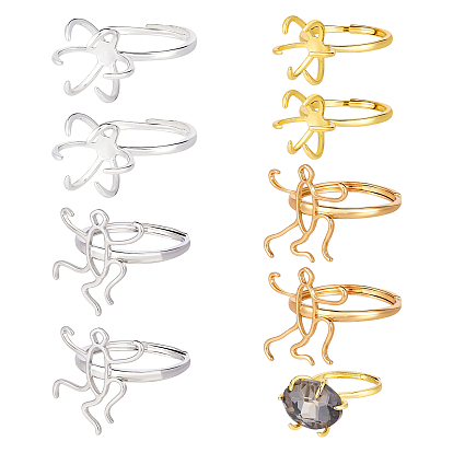 8Pcs 4 Styles Brass Adjustable Ring Findings, Prong Ring Settings