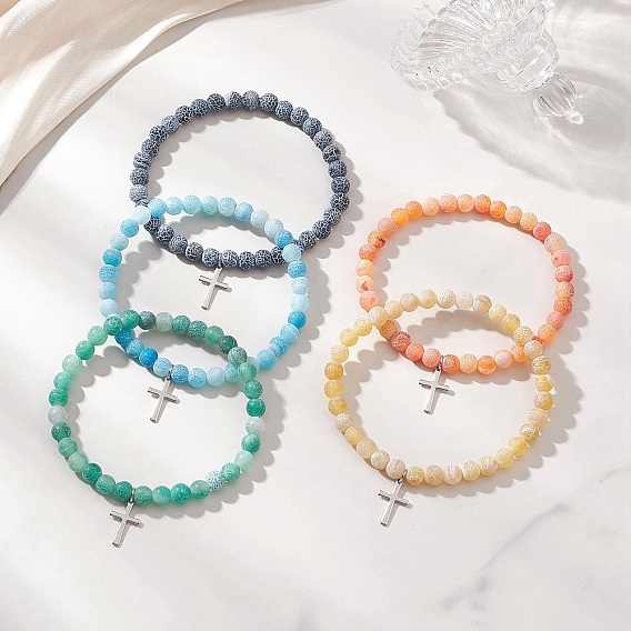 Пересечь 201 браслеты из нержавеющей стали очарование, Эластичные браслеты из натуральных и окрашенных бусин кракелюра для женщин.