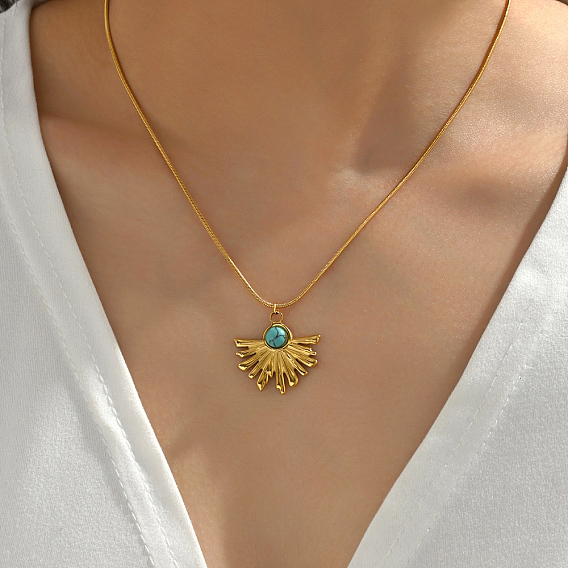 201 Женское ожерелье с подвеской-веером из нержавеющей стали и синтетической бирюзой в подарок на свидание