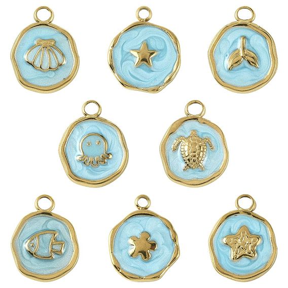 8 шт. 8 стили: морские животные 304 подвески из нержавеющей стали, с эмалью, плоские круглые прелести, ионное покрытие (ip)