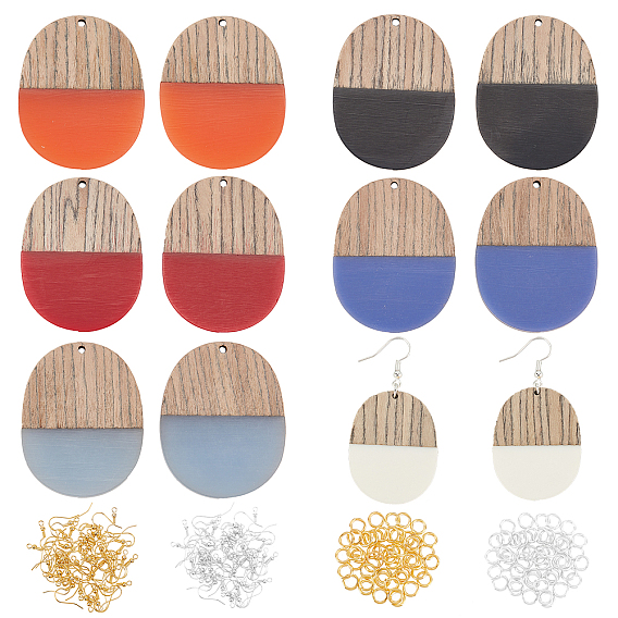 Наборы для изготовления сережек diy, 12шт 6 цвета смолы и подвески из дерева венге, два тона, овальные, 24 шт. 2 цветные латунные крючки для серег и 24 шт. 2 стильные латунные соединительные кольца