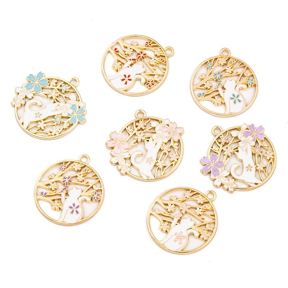 Стойки обшивки сплава эмали подвески, золотые, плоский круглый с подвеской в виде кошки и цветка