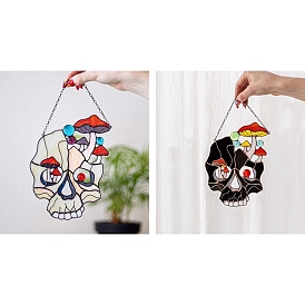 Halloween Stained Acrylic Skull with Mushroom Art Window Planel, for Suncatchers Window Home Hanging Ornaments