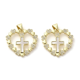 Brass Micro Pave Cubic Zirconia Pendants, with Shell, Real 18K Gold Plated, Heart with Cross