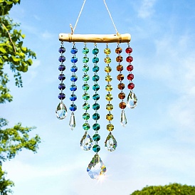 Ornements suspendus en perles octogonales en verre, Attrape-soleil en bâtons de bois et pompons pour décorations suspendues de chambre à coucher