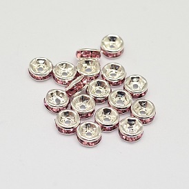 Rack Plating Rondelle Brass Grade A Rhinestone Spacer Beads, Silver Color Plated, 4x2mm, Hole: 0.5mm