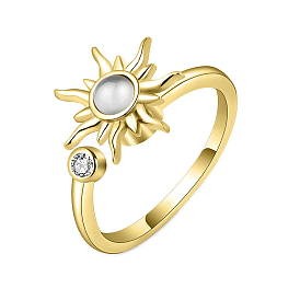 Sun Cat Eye Rotatable Open Cuff Ring for Women, Brass Cubic Zirconia Fidget Spinner Rings