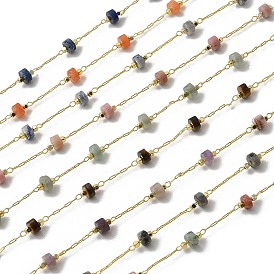 Латунные цепные цепи, с природными драгоценный камень бисером, ионное покрытие (ip), пайки, реальный 18 k позолоченный, с катушкой