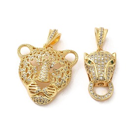 Rack Plating Brass Micro Pave Clear Cubic Zirconia Pendants, Long-Lasting Plated, Cadmium Free & Lead Free, Leopard Head
