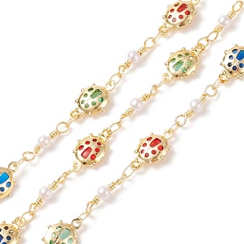 Brass Ladybug Link Chains, with Glass & Imitation Pearl Beaded, Soldered, with Spools, Cadmium Free & Lead Free, Real 18K Gold Plated