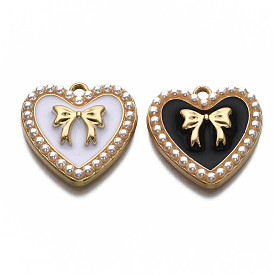 Alloy Enamel Pendants, Light Gold, with ABS Plastic Imitation Pearl, Cadmium Free & Nickel Free & Lead Free, Heart with Bowknot