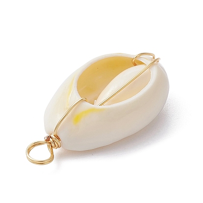 Pendentifs enveloppés de fil de cuivre en coquille de cauri naturelle, breloques coquillage avec perles intercalaires en laiton doré