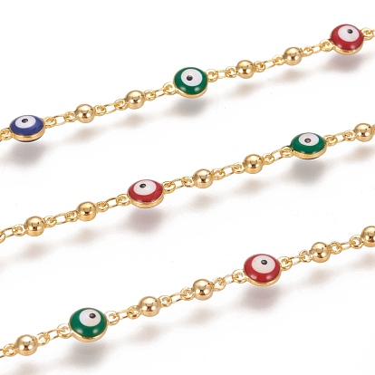 Handmade Brass Link Chains, with Enamel and Spool, Cadmium Free & Lead Free, Soldered, Long-Lasting Plated, Round & Evil Eye, Colorful