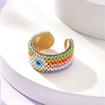Glass Seed Beaded Evil Eye Open Cuff Rings, Golden Stainless Steel Jewelry