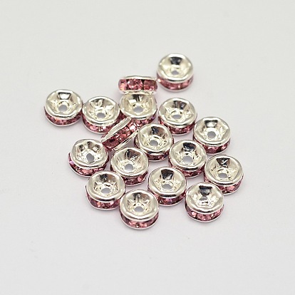Crémaillère plaquage grade laiton Rondelles strass perles d'espacement, couleur argent plaqué, 4x2mm, Trou: 0.5mm