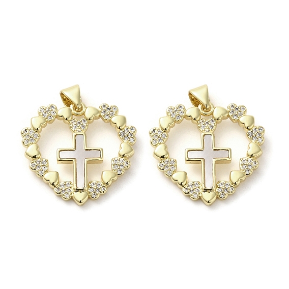 Brass Micro Pave Cubic Zirconia Pendants, with Shell, Real 18K Gold Plated, Heart with Cross