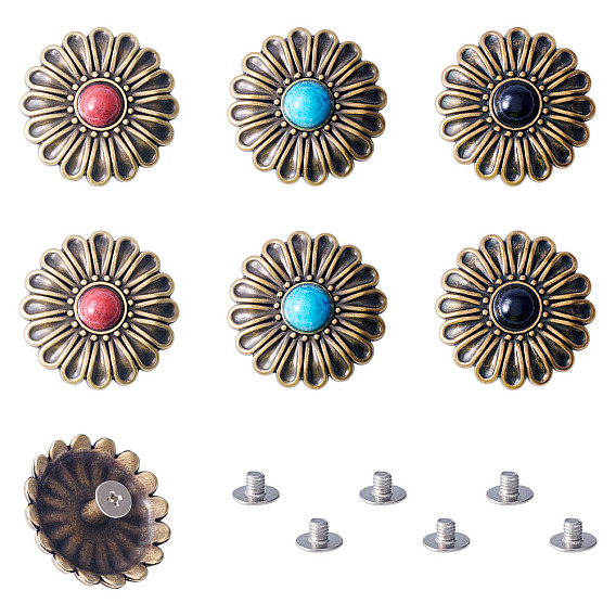 6 шт. 3 цвета хризантемы сплав со смоляными декоративными заклепками, для кошелька, , украшение кожаных ремесел, античная бронза