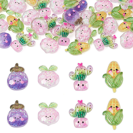 30 шт. светящиеся прозрачные кабошоны из смолы, овощи, с блестка, светится в темноте, разнообразные