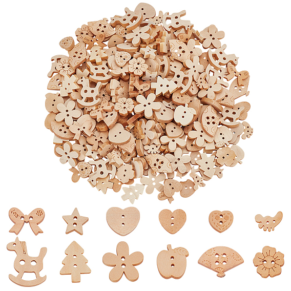 240 шт. 12 стили 2 деревянные пуговицы с отверстием, бежевые