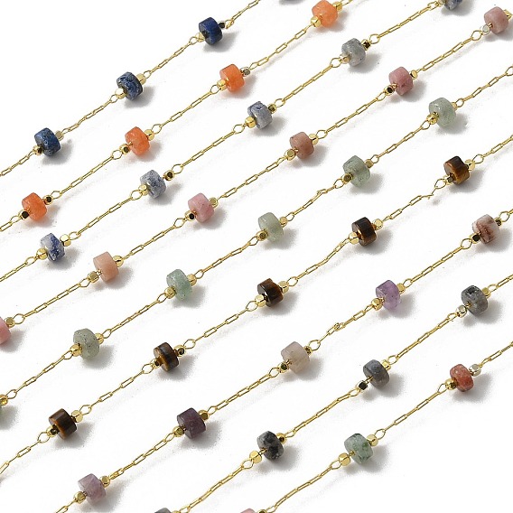 Латунные цепные цепи, с природными драгоценный камень бисером, ионное покрытие (ip), пайки, реальный 18 k позолоченный, с катушкой