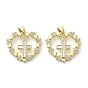 Brass Micro Pave Cubic Zirconia Pendants, with Shell, Real 18K Gold Plated, Heart with Cross