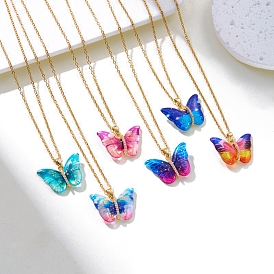 Butterfly Resin Pendant Necklaces, Stainless Steel Cable Chain Necklaces, Golden